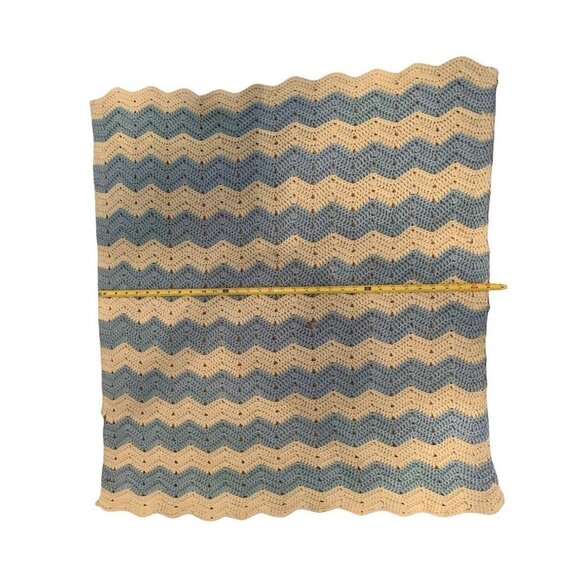 Vintage Afghan Blanket Crochet Blue Yellow/Cream Small Throw Baby Handmade Retro - Picture 3 of 9